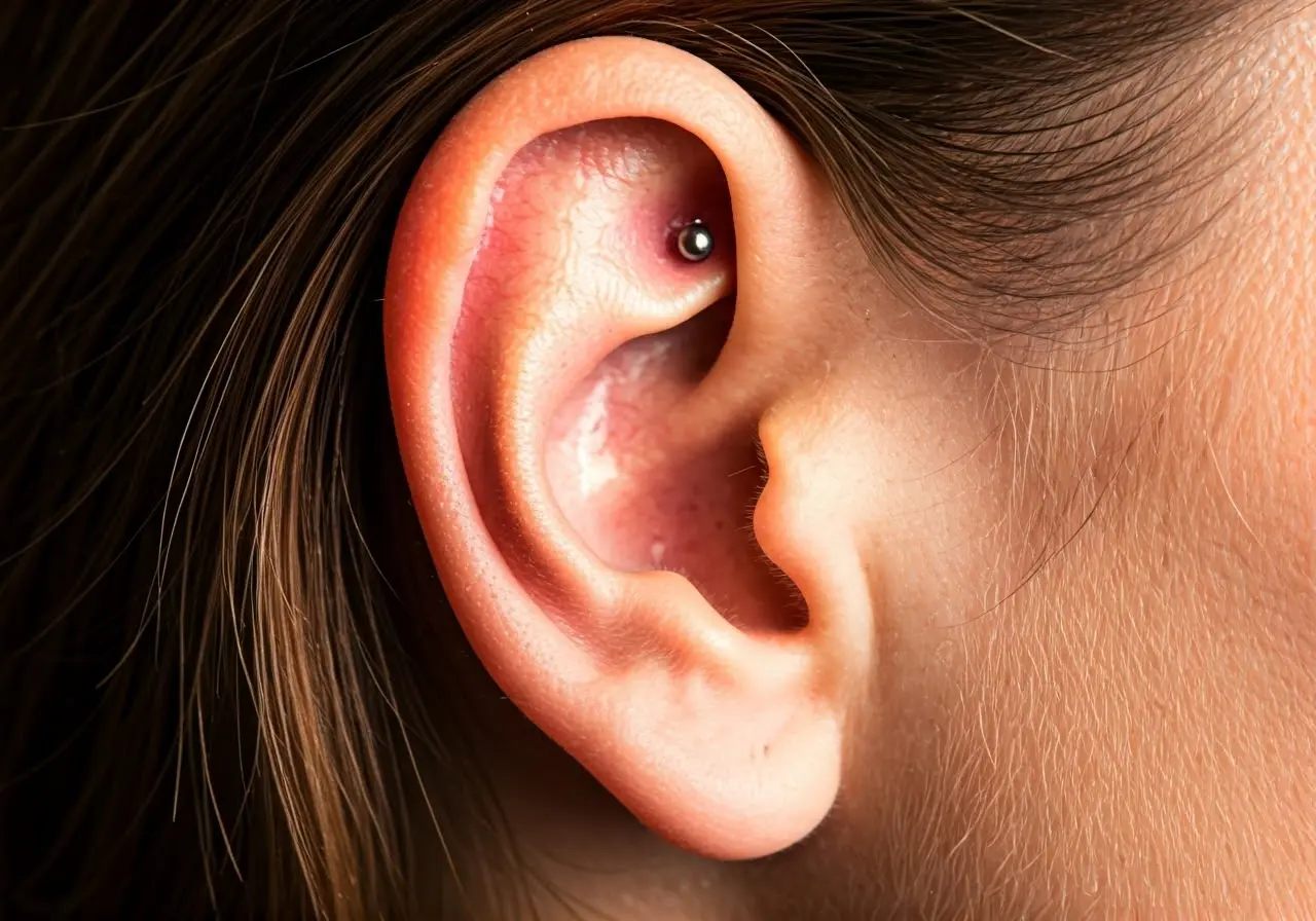 Close-up of an ear with a new piercing. 35mm stock photo