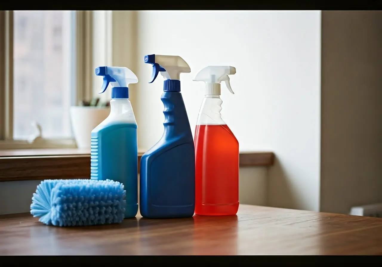 A tidy, modern Twin Cities home with cleaning supplies neatly arranged. 35mm stock photo