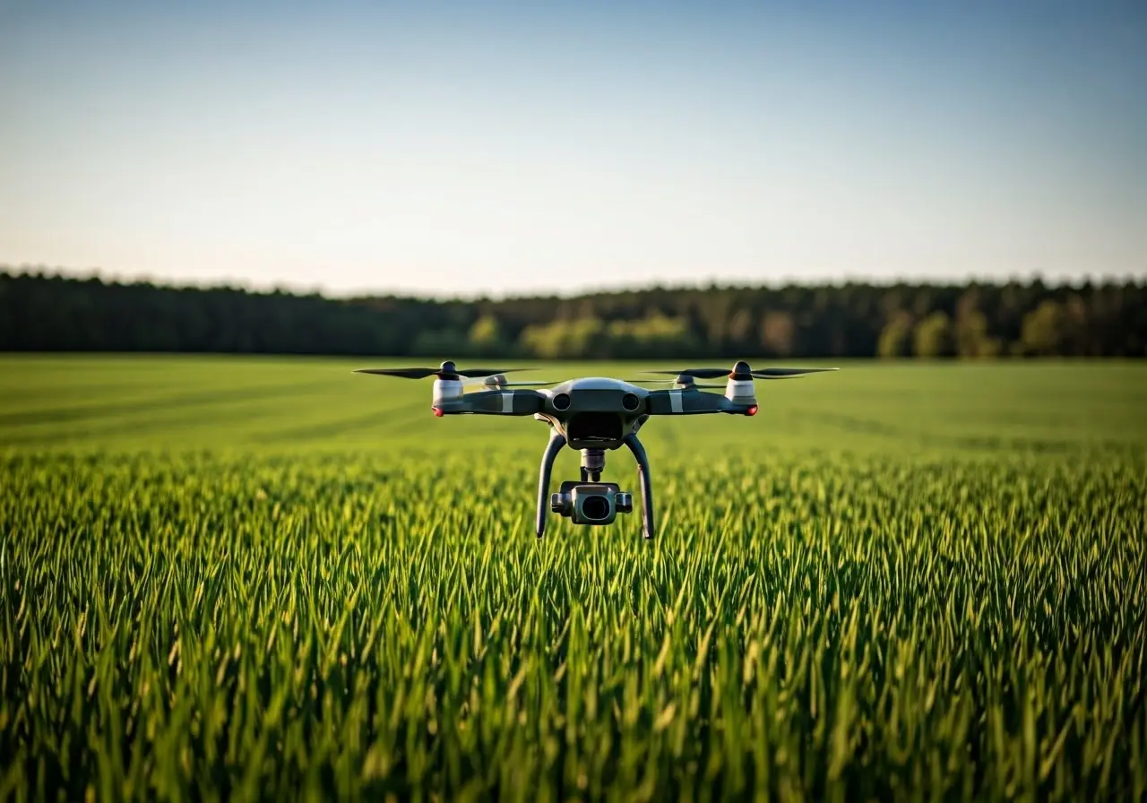 A drone hovering over a lush green agricultural field. 35mm stock photo