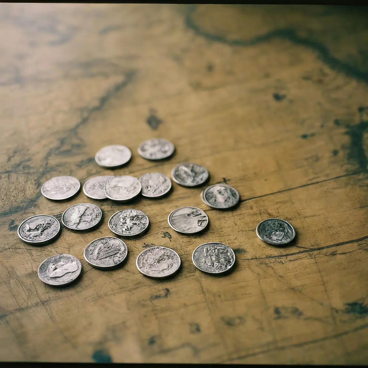 Silver coins spread out on a vintage American map. 35mm stock photo