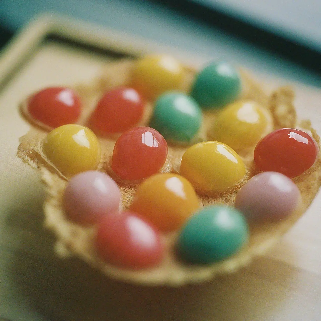 Close-up of a colorful Hong Kong egglet dessert. 35mm stock photo