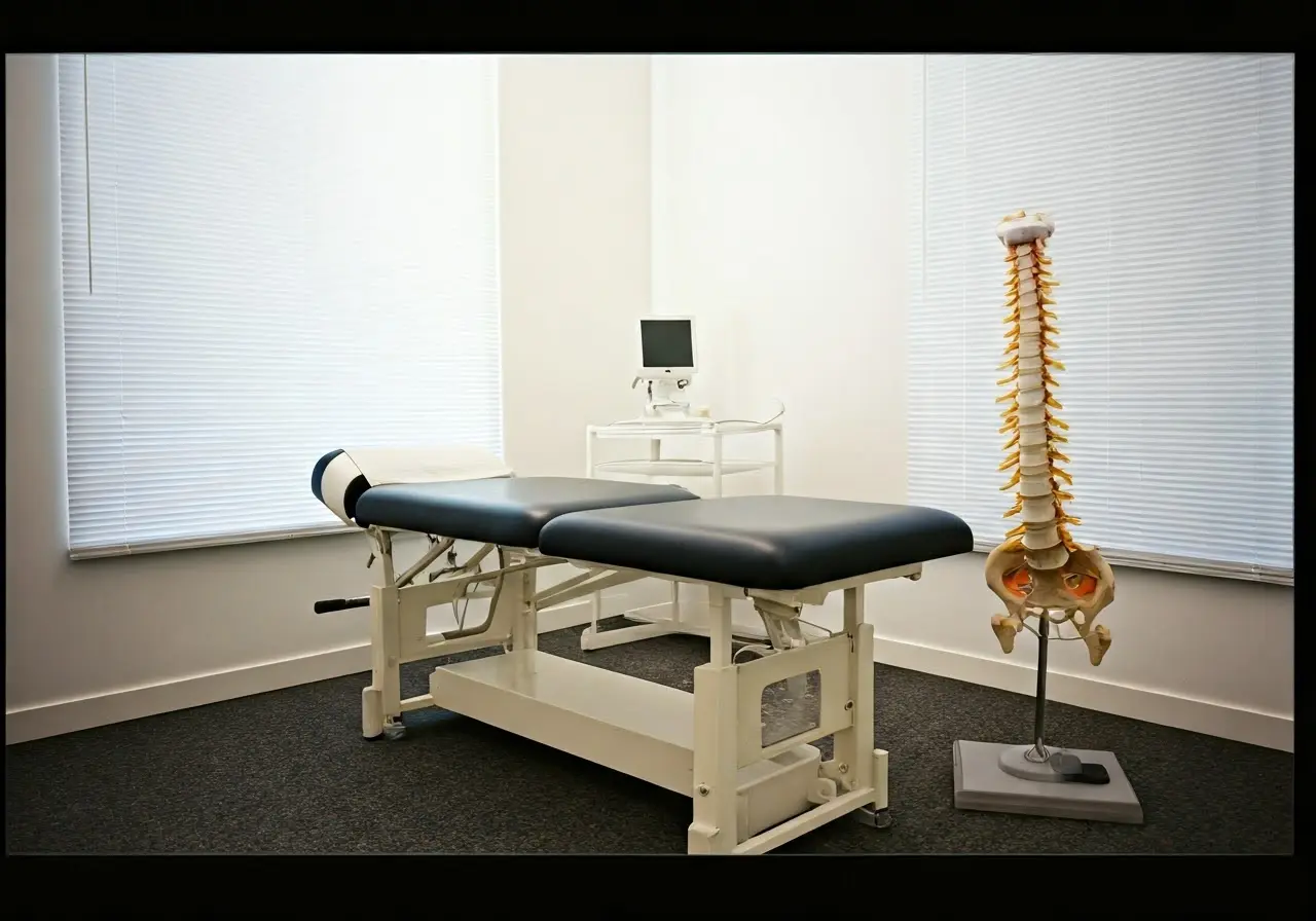 Chiropractor’s office with a treatment bed and anatomical spine model. 35mm stock photo