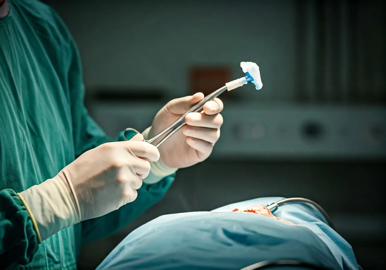 Surgeon’s gloved hands holding a gastric sleeve surgical tool. 35mm stock photo