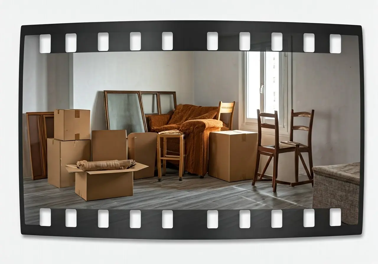 Image of a cluttered room with furniture and boxes. 35mm stock photo