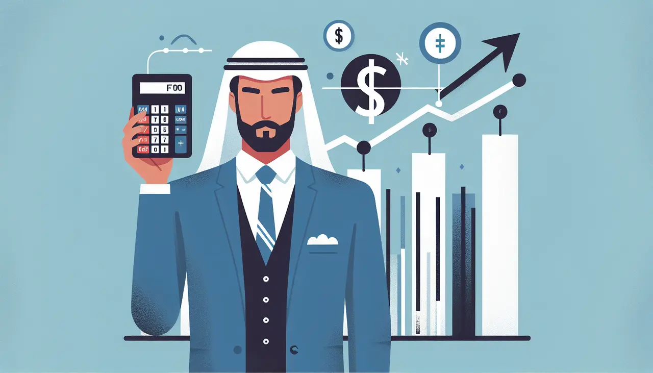 Draw a graphic in flat design style. A flat design illustration of a professional figure representing a CFO, holding a calculator and chart, with a background of rising bar graphs and currency symbols, keeping the composition clean and uncluttered.