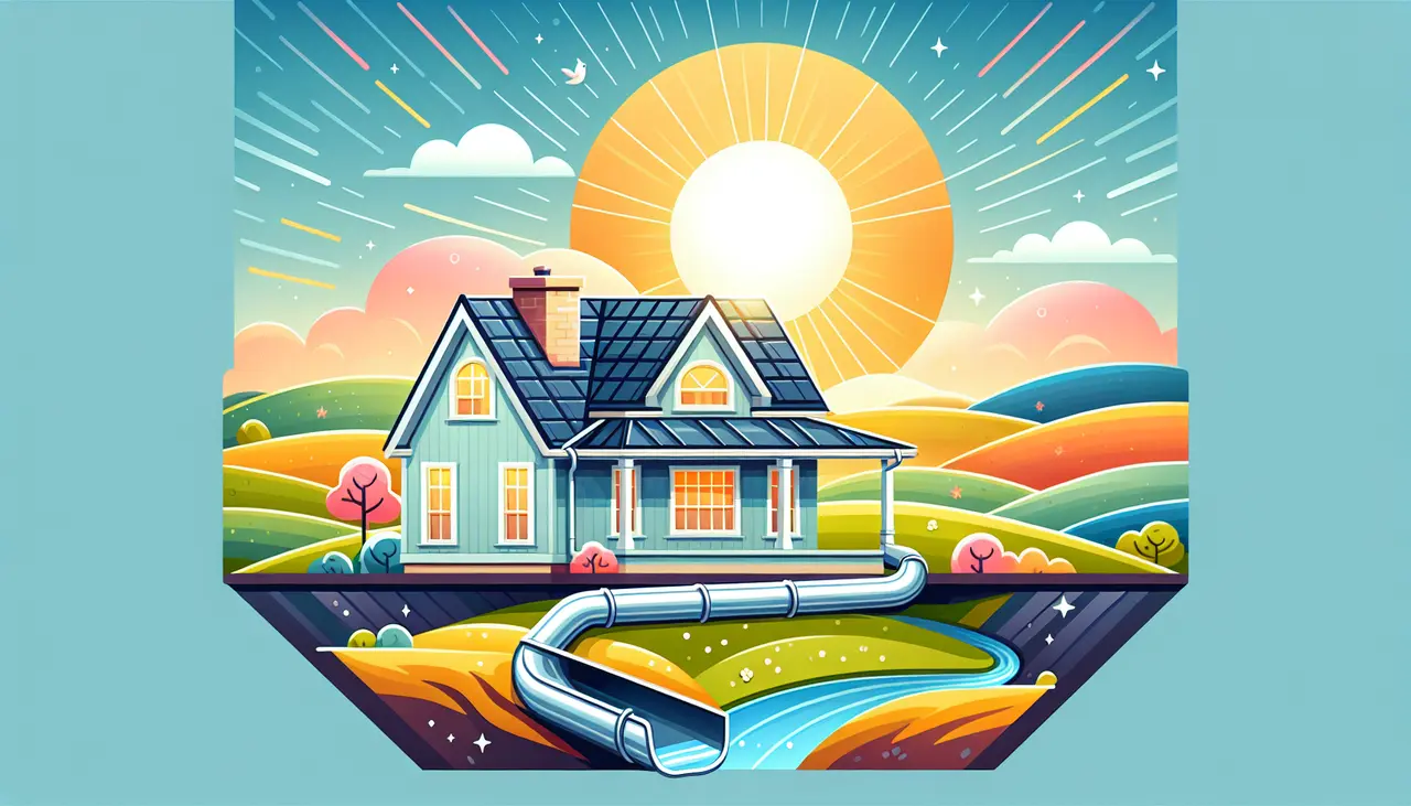 Draw a graphic in flat design style. Create an image of a cartoon-style house with new gutters, under a bright sun, with a background of Texas hills.