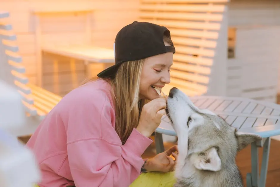 A Woman Eating Food Together with her Siberian Husky Dog