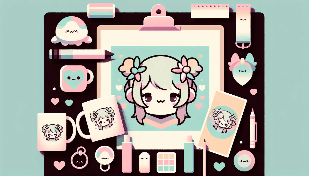 Draw a graphic in flat design style. A minimalist flat design style image of a pastel-colored anime character surrounded by a few cute merchandise items like a mug, keychain, and poster.