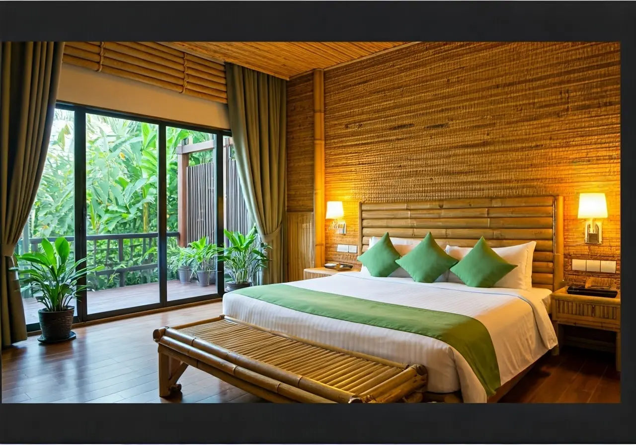 Eco-friendly hotel room with bamboo furniture and green plants. 35mm stock photo