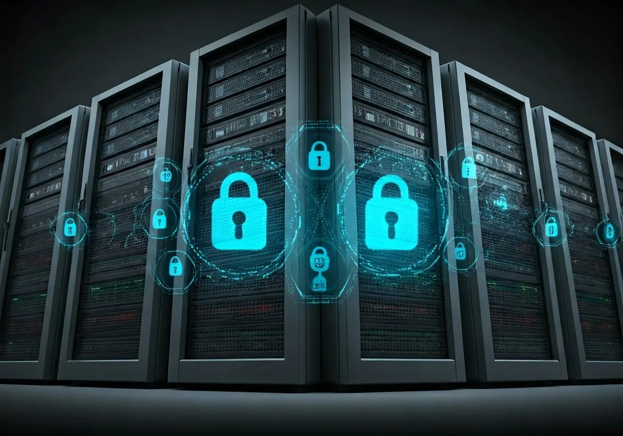 Stacks of computer servers with digital security icons. 35mm stock photo