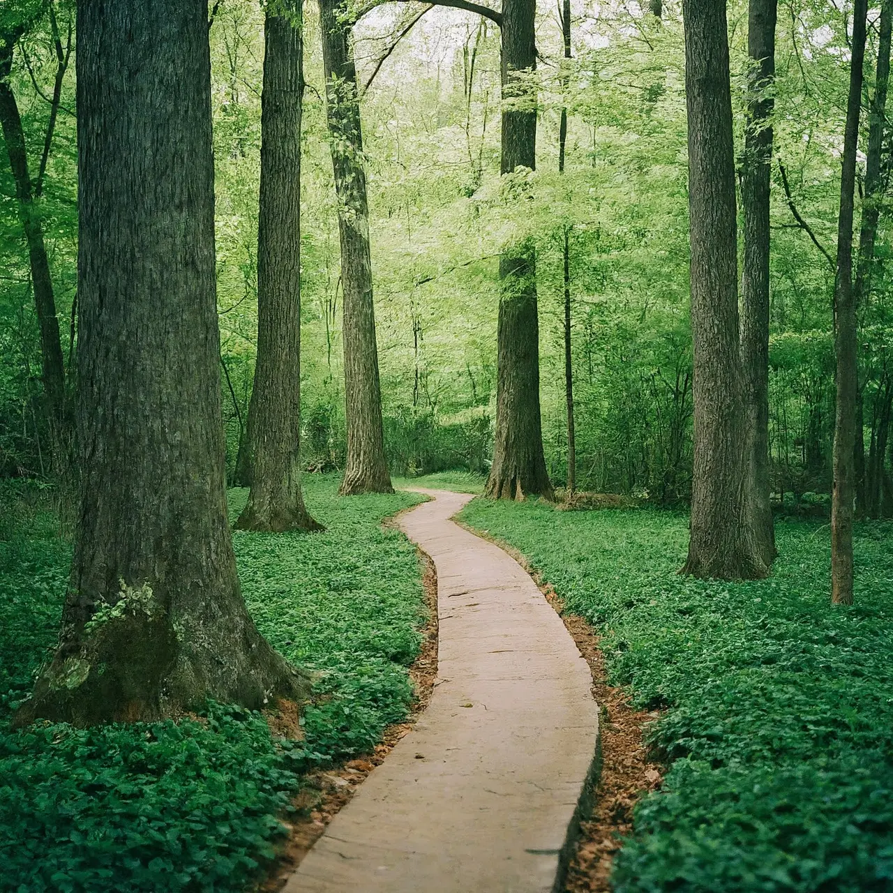 A serene nature scene with a pathway symbolizing personal growth. 35mm stock photo