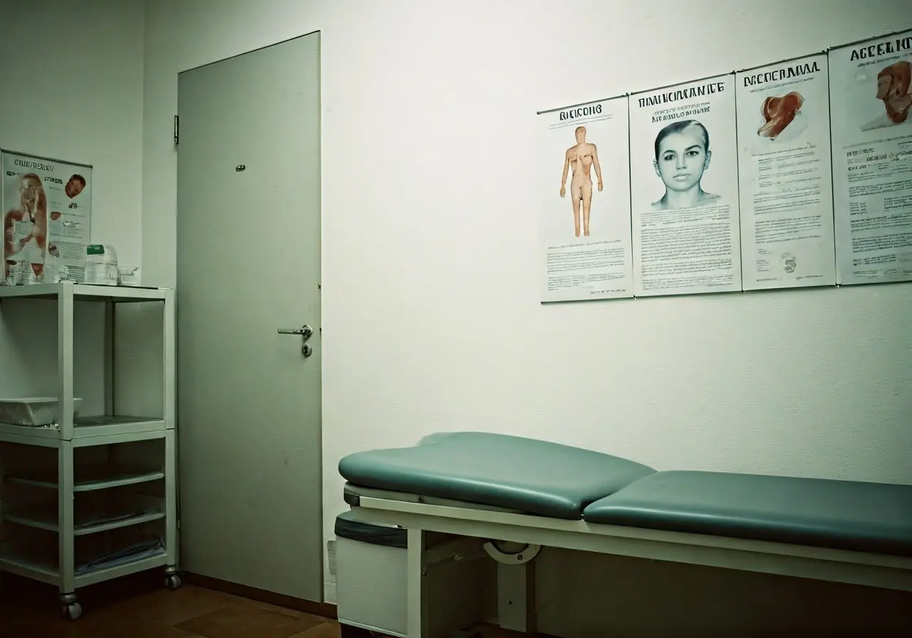 A medical clinic with various treatment posters on the wall. 35mm stock photo