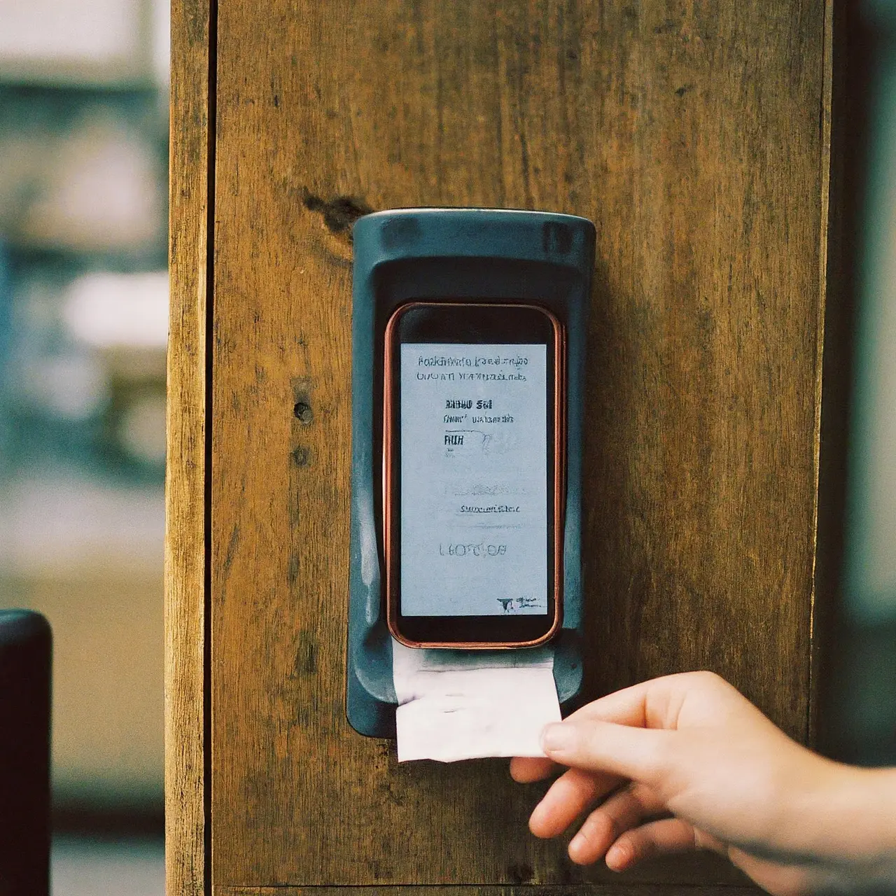 A hand scanning a receipt with a smartphone. 35mm stock photo