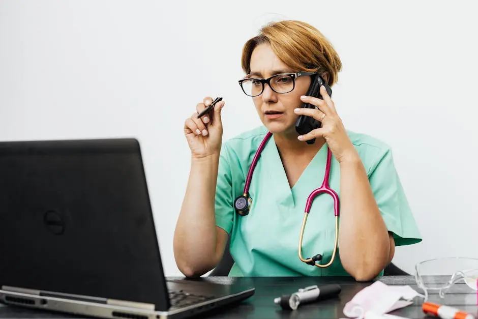 Portrait of Doctor with Stethoscope Working on Laptop