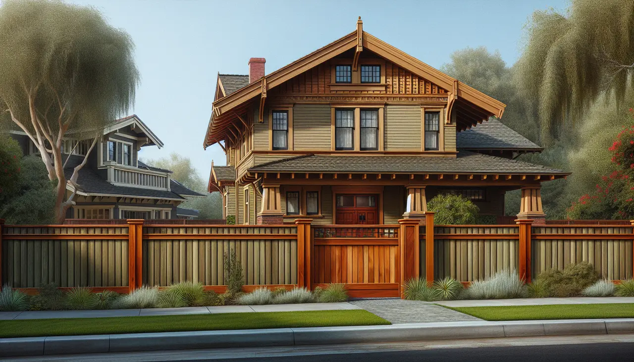 vertical redwood fence in front of a craftsman home