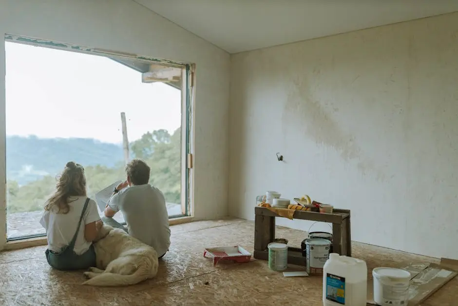 A couple with their dog resting in a partially renovated room, planning the renovation.