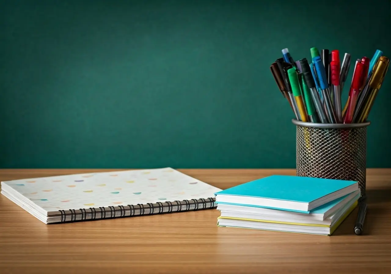 A neat desk with customized notepads and colorful pens. 35mm stock photo