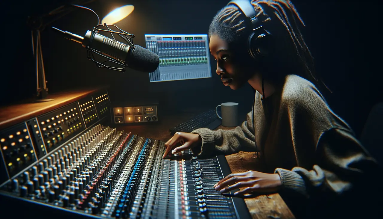 black women sound engineering in a dark studio for an audiobook