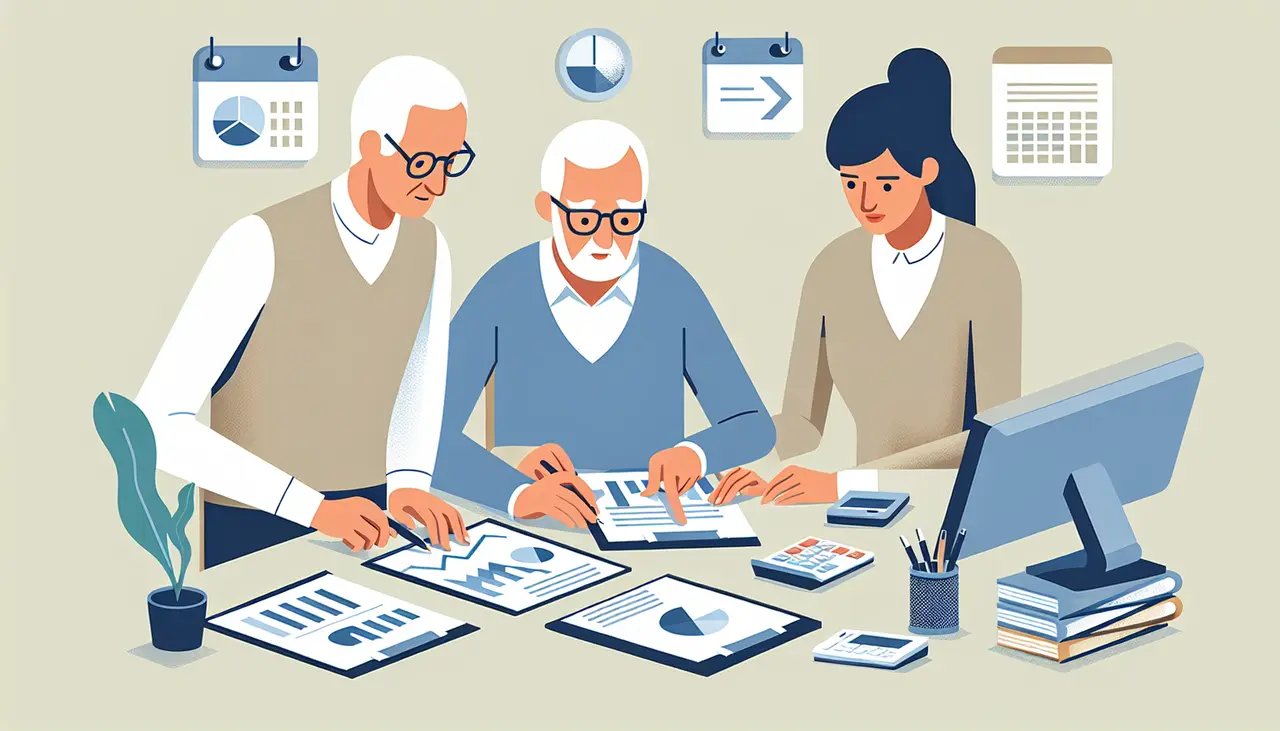 Draw a graphic in flat design style. A simple image of a senior couple reviewing graphs and charts with a financial advisor in a clean, flat design style.