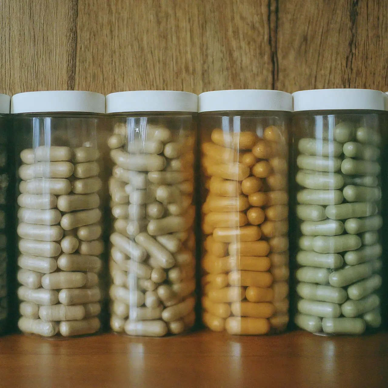 A row of various herbal supplements in glass jars. 35mm stock photo