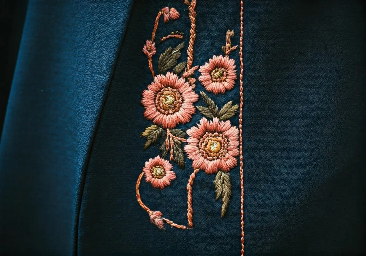 A close-up of intricate embroidery on a navy blazer. 35mm stock photo