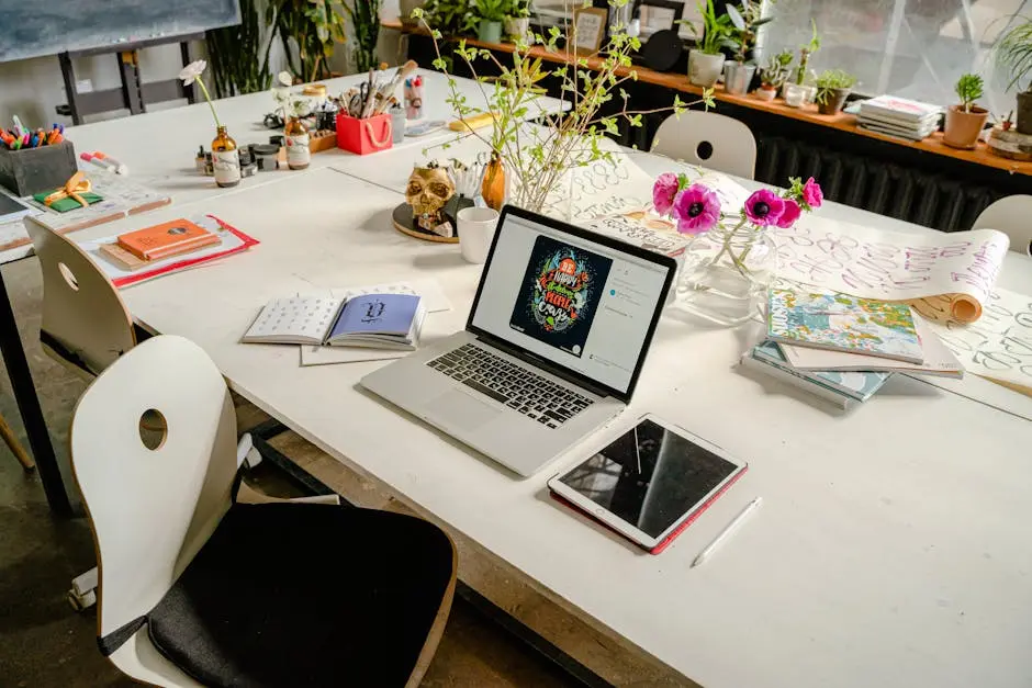 A Laptop, Tablet and Art Supplies on a Table