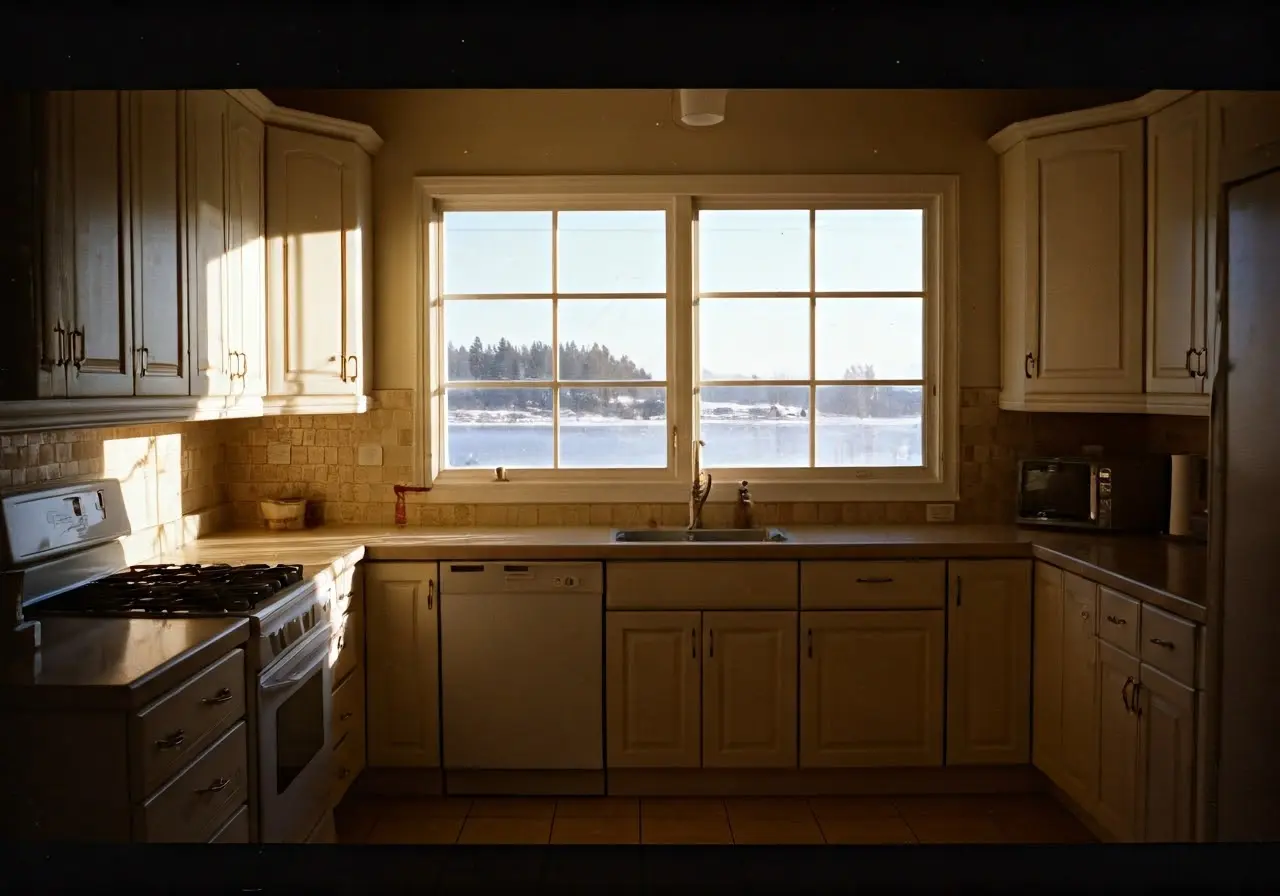 A sparkling clean kitchen with sunlight streaming through windows. 35mm stock photo