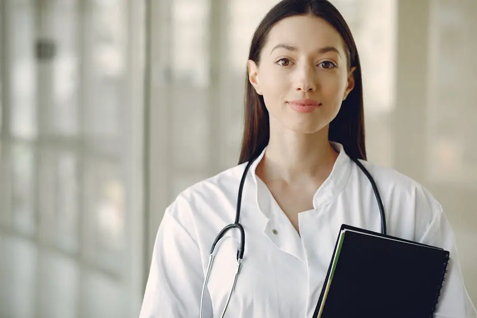 Crop smiling young ethnic female doctor in medical uniform with stethoscope and notebook standing in modern medical room with panoramic window