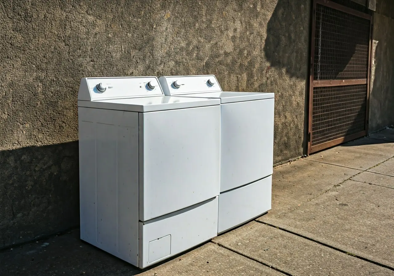 An old washer and dryer on the curb for disposal. 35mm stock photo