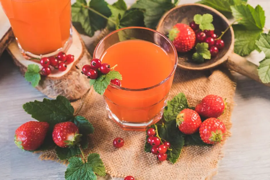 A refreshing glass of berry juice surrounded by fresh strawberries and red currants. Perfect for a healthy lifestyle.