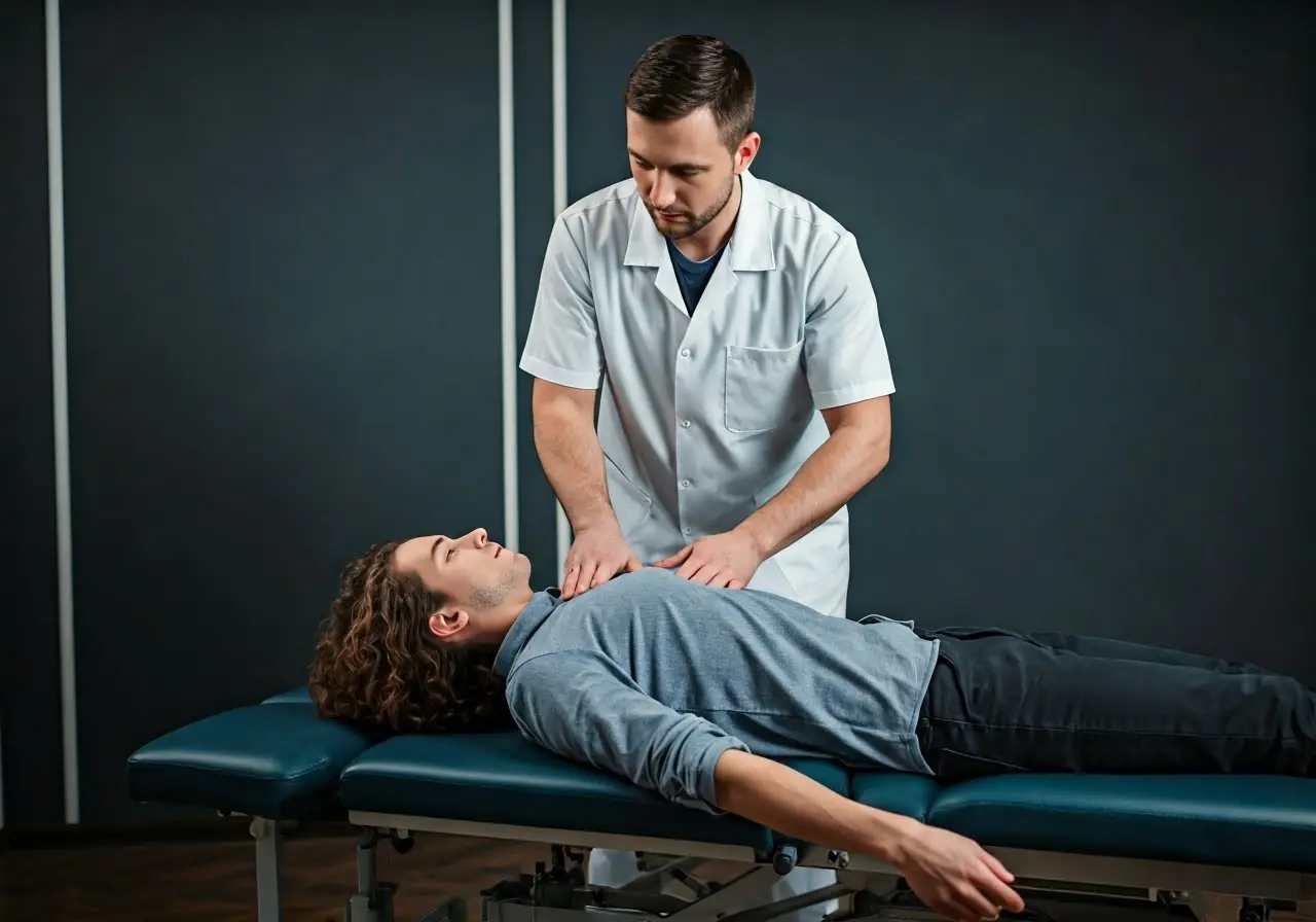 A chiropractor adjusting a patient’s spine in an office. 35mm stock photo