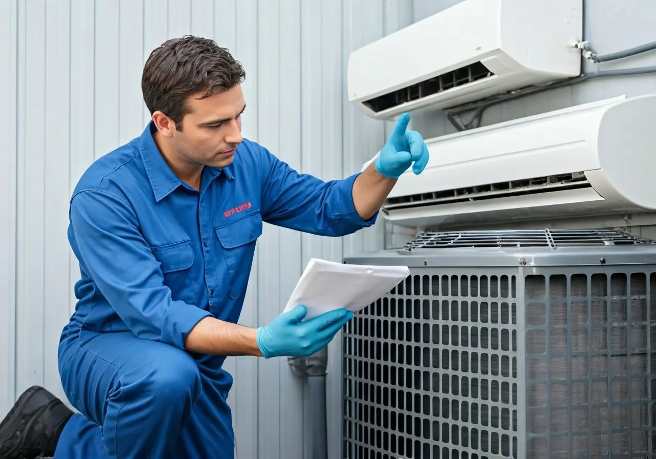 A technician inspecting a residential air conditioning unit. 35mm stock photo