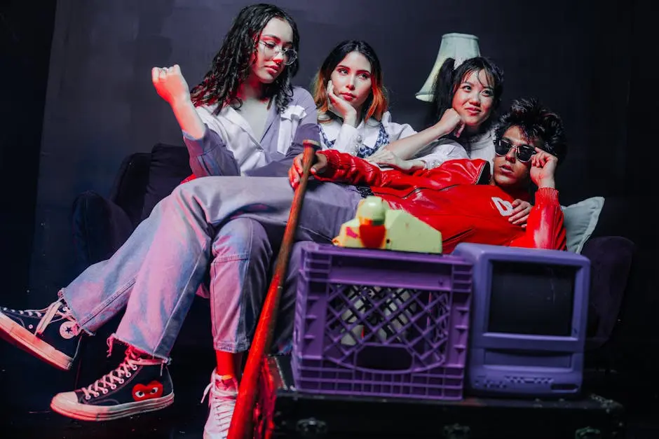 Group of teens in 90s style clothing posing indoors with vintage props and playful attitude.