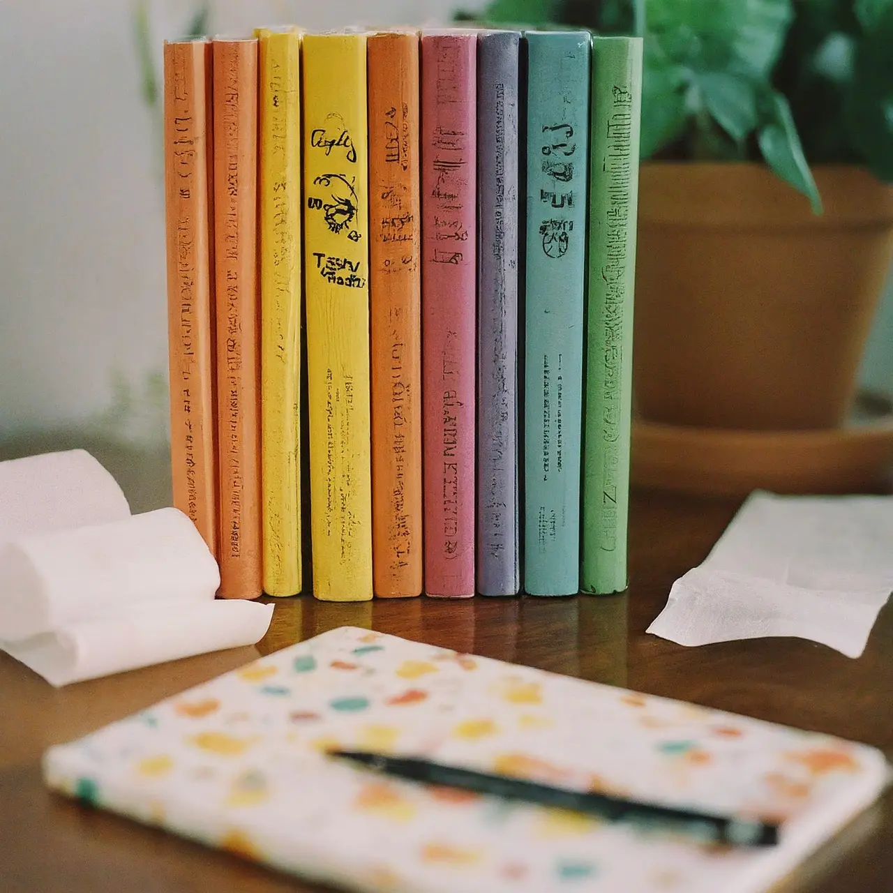 A colorful notebook, pen, and receipts on a tidy desk. 35mm stock photo