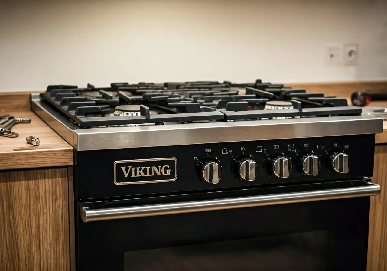 A Viking stove being repaired with tools on a counter. 35mm stock photo