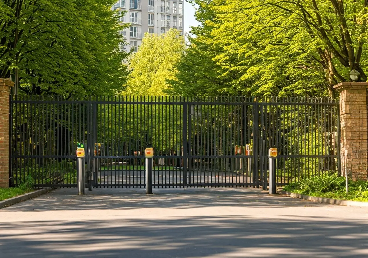 Gated community entrance with electronic access control system. 35mm stock photo