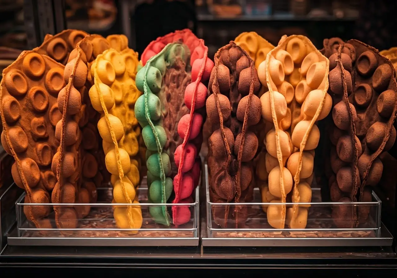 A variety of colorful Hong Kong waffles in a display. 35mm stock photo