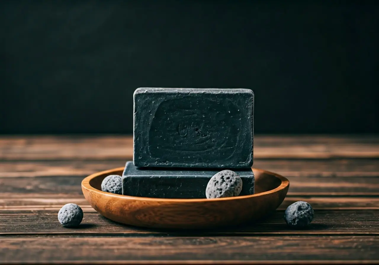 A bar of black soap on a wooden dish. 35mm stock photo