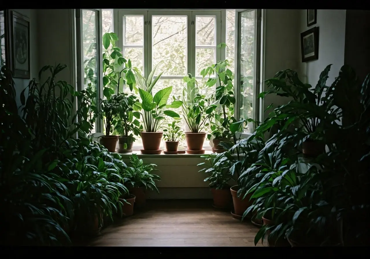 A serene room with lush indoor plants and open windows. 35mm stock photo