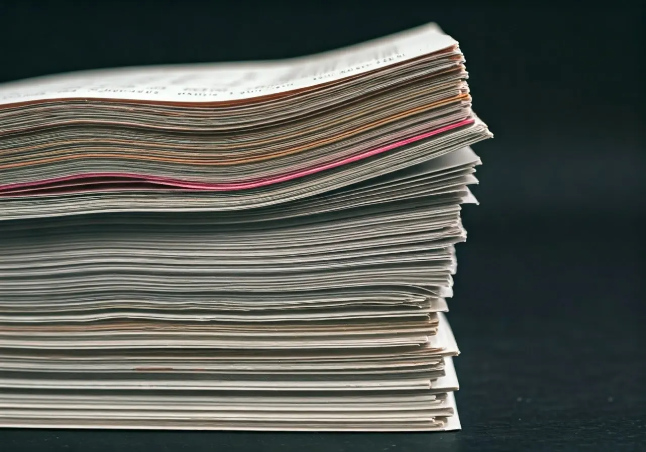 A neatly organized stack of colorful retail receipts. 35mm stock photo