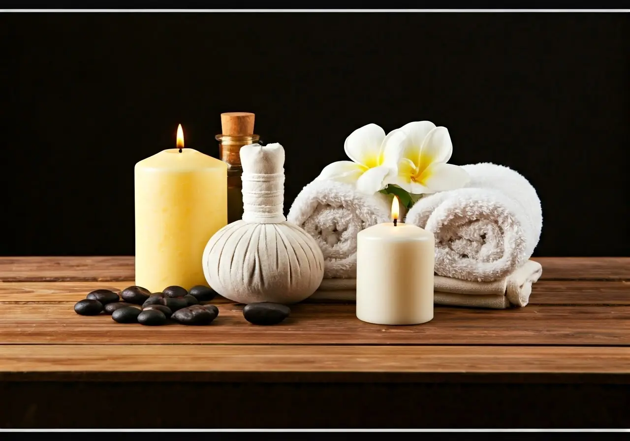 A serene spa setting with calming candles and fresh flowers. 35mm stock photo