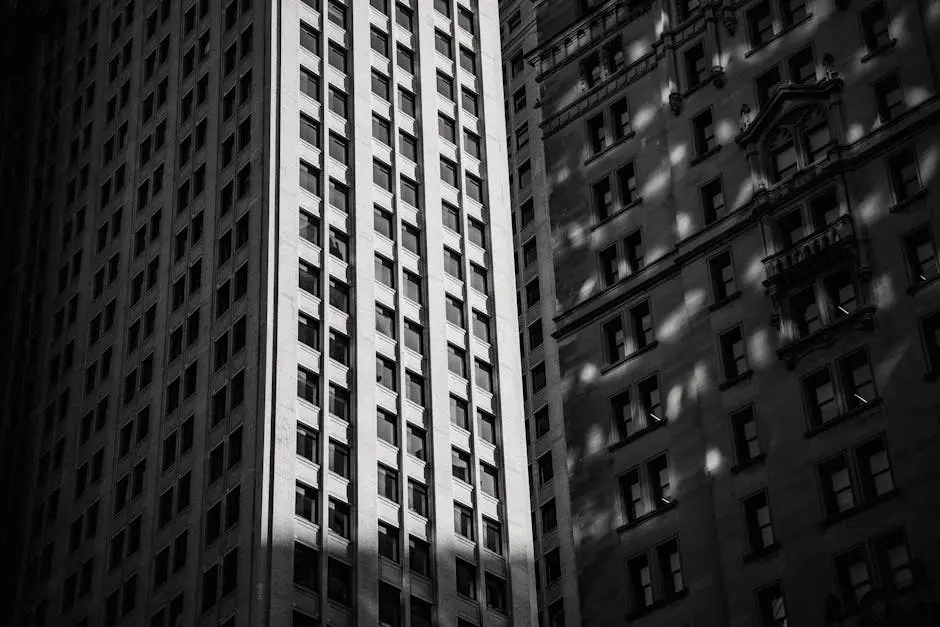 A striking black and white image of towering urban skyscrapers in a cityscape.