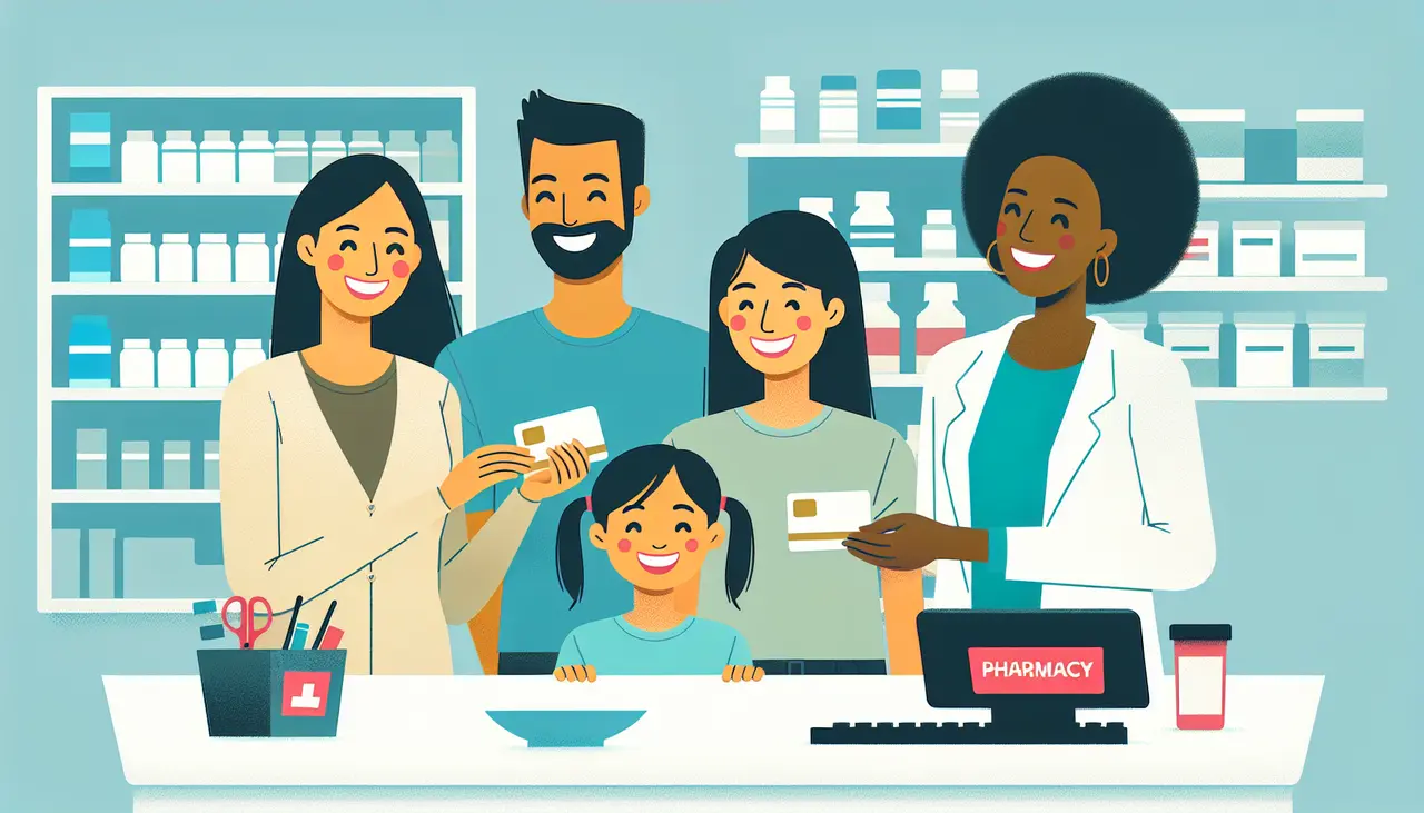 Draw a graphic in flat design style. A family receiving a pharmacy savings card from a smiling pharmacist at the counter.