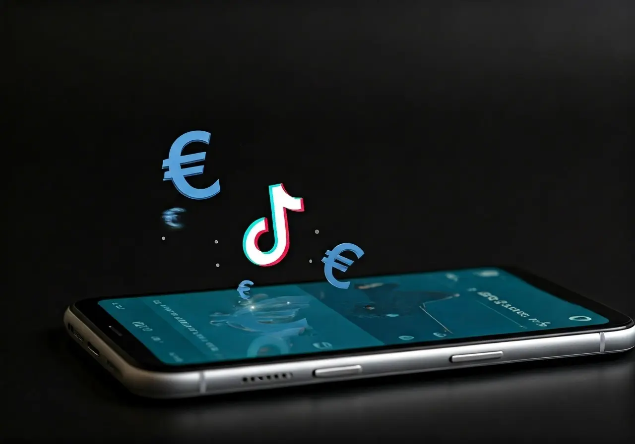 A smartphone displaying TikTok app with euro symbols floating. 35mm stock photo