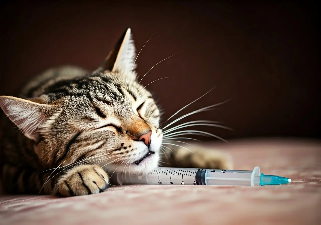 A cat peacefully taking medicine with a syringe. 35mm stock photo