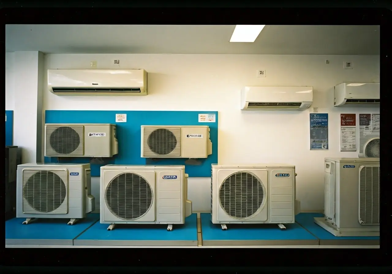 Air conditioners displayed in a bright, modern showroom. 35mm stock photo