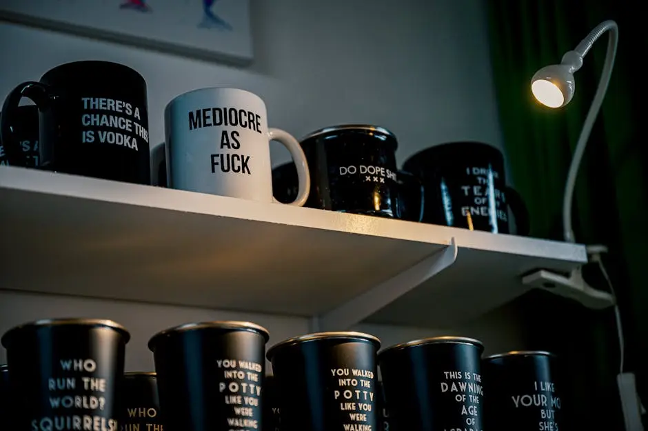 Collection of mugs with funny quotes on a lit shelf in a modern interior setting.