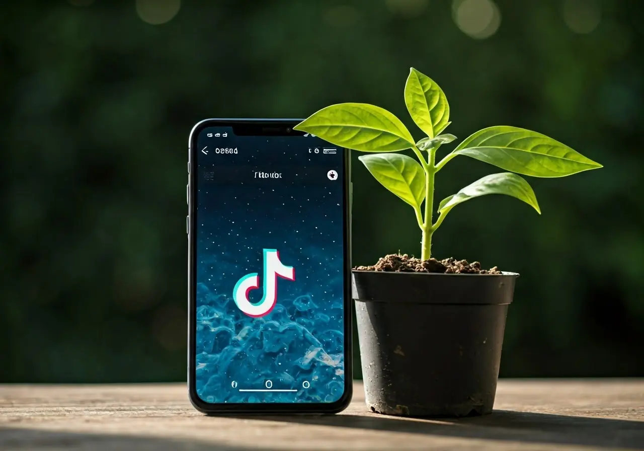 Smartphone displaying TikTok app next to a growing plant. 35mm stock photo