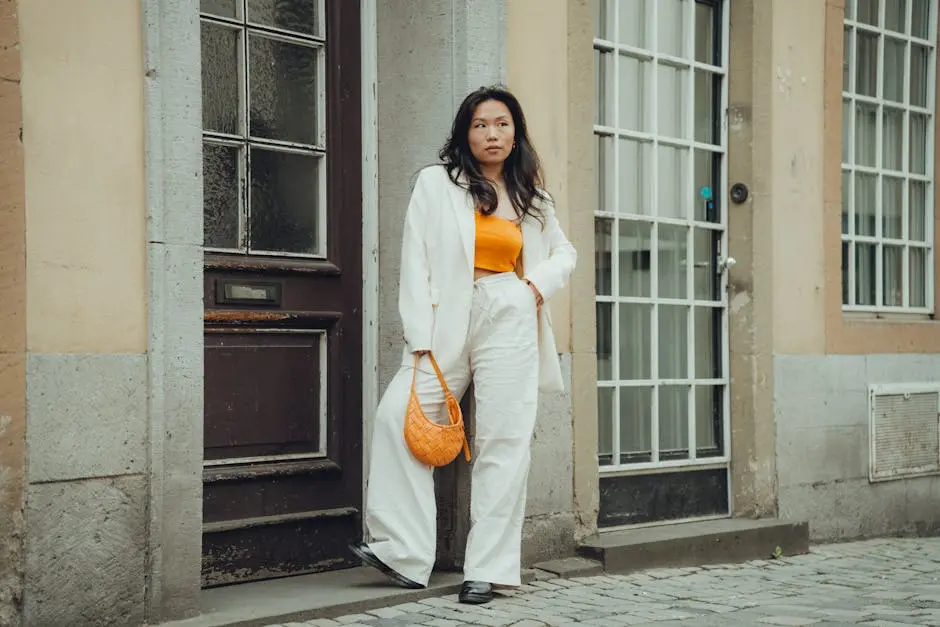 A Fashionable Woman Posing on a Street by the Building in a City