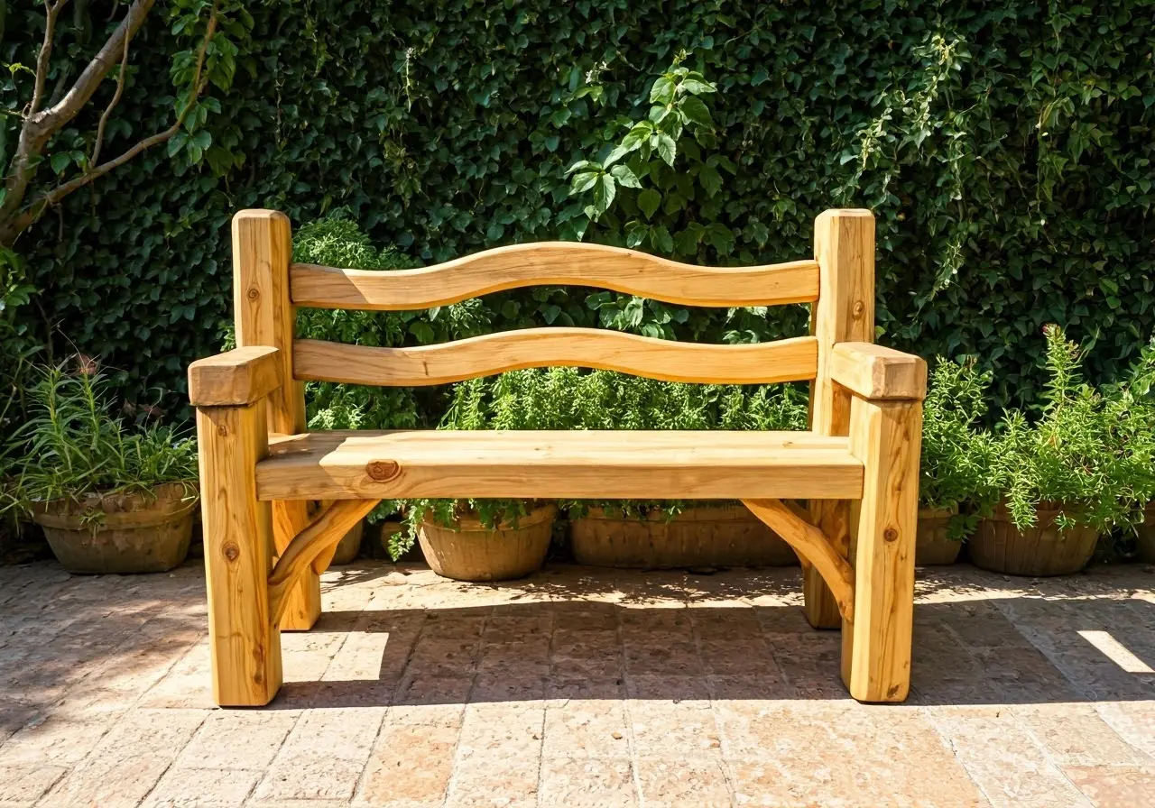 A handcrafted wooden bench in a sunlit garden space. 35mm stock photo